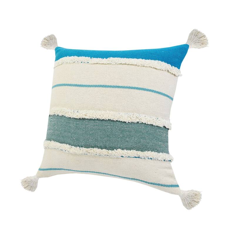 20" Turquoise and White Striped Hand Loomed Square Throw Pillow