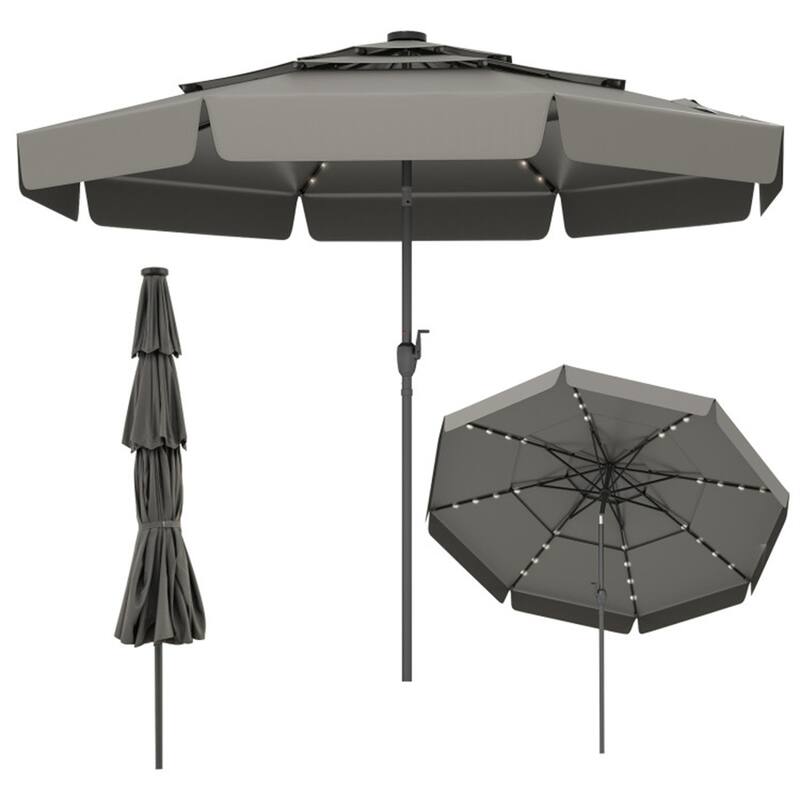 Outdoor 10 ft Umbrella with 3-Tier Venting Solar LED Lights Tilt and Crank for Poolside or Garden