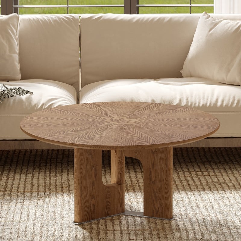 31.5 Inches Round Rustic Ash Wood Veneer Coffee Table for Small Living Room