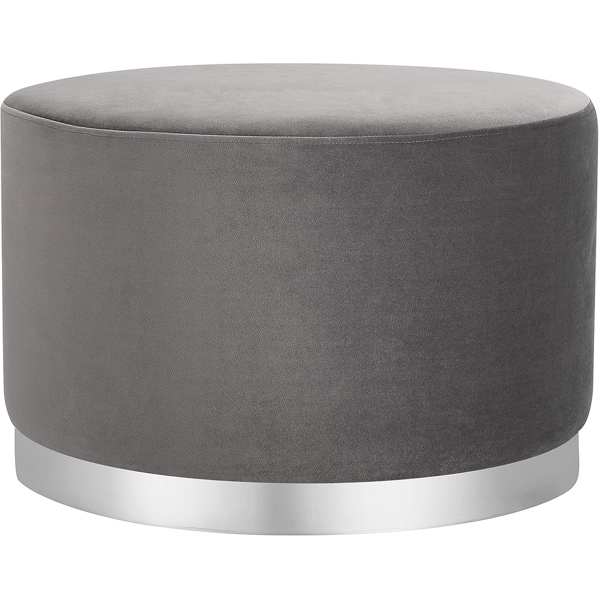 Large Round Velvet Ottoman Pouf with Silver Trim - Padded Foot Rest and Soft Stool for Living Room, Bedroom, Office