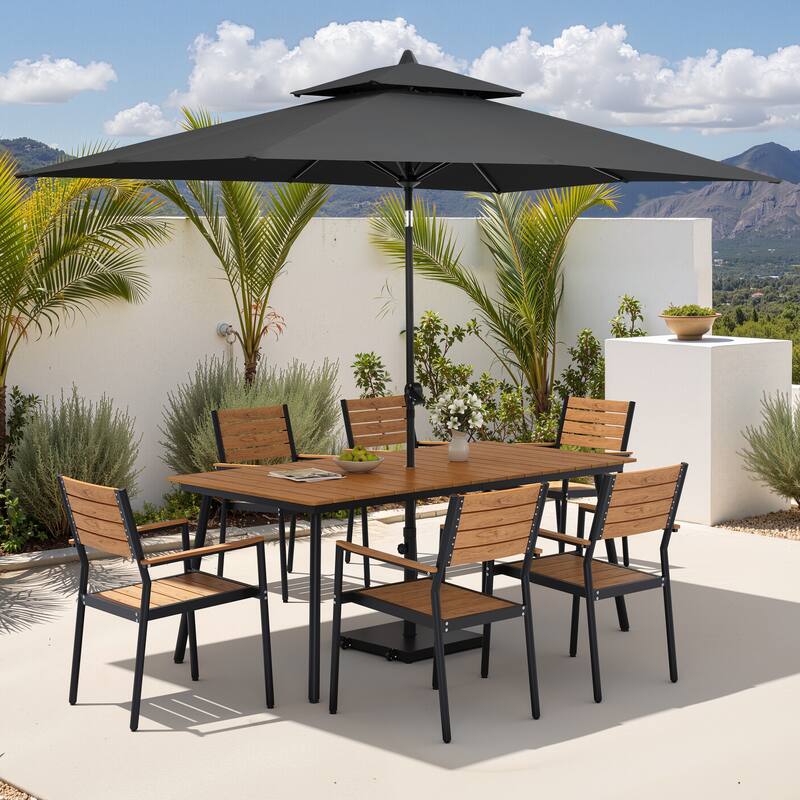 9PC Outdoor Patio Dining Set Aluminum Table with Stackable Armchairs w/ Premium Market Umbrella Sets - BrownTable&BrownChairs&BlackUmbrella