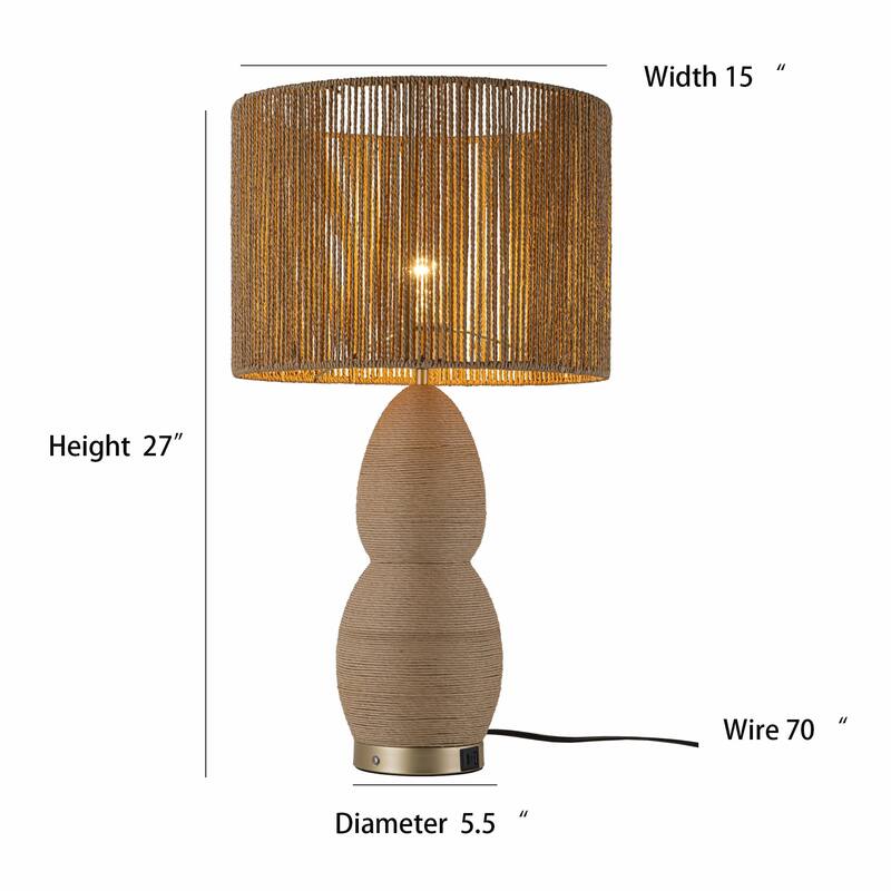 Brise 27" Rattan Table Lamp with USB 3-Way Touch Dimmer