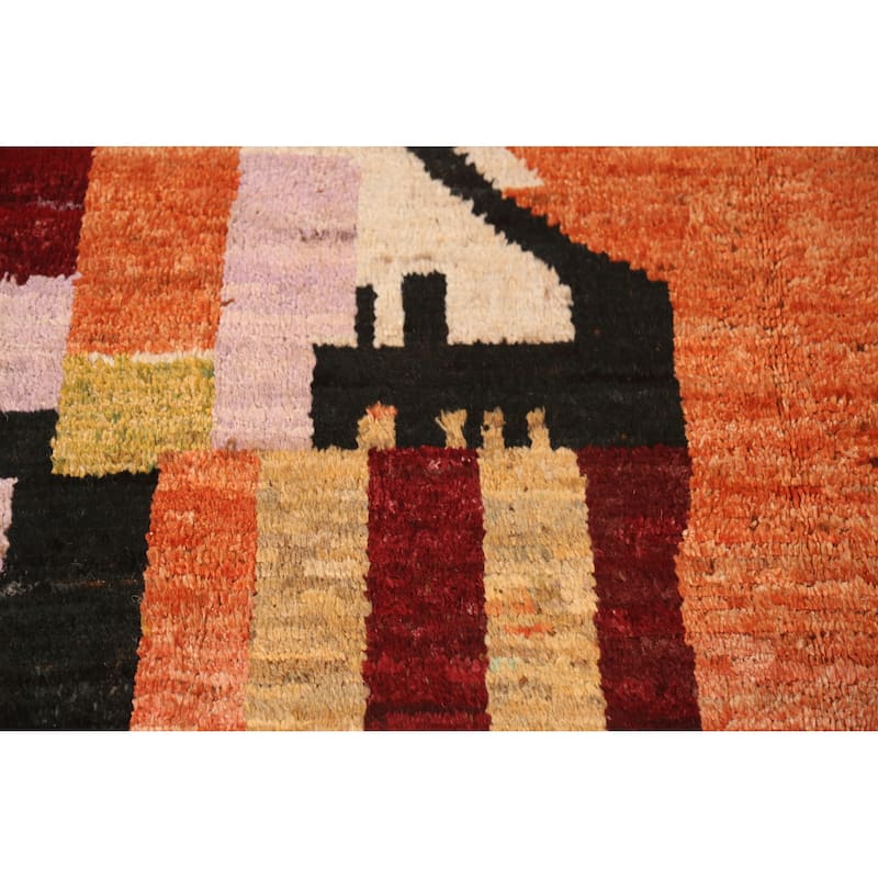 Geometric Moroccan Oriental Area Rug Orange Hand-Knotted Wool Carpet - 7'1" x 9'8"