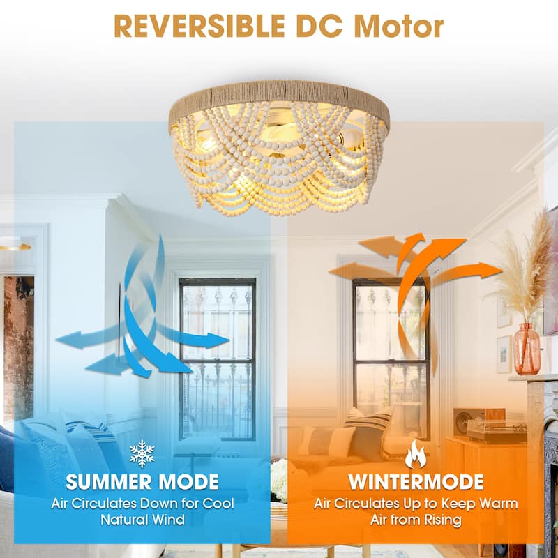 20" Smart Bohemian Wood Bead Beige Ceiling Fan with Remote and Light and APP Control - 19.7" D x 19.7" W x 10.1" H