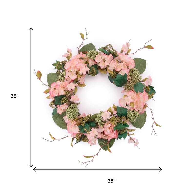 HomeRoots 35" Pink And Green Hydrangea Artificial Wreath