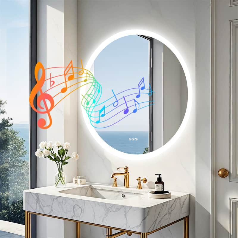 32" Round Wall Illuminated Bathroom Mirror with Lights Bluetooth Speaker Dimmable Defogging - 31.50” x 31.50”