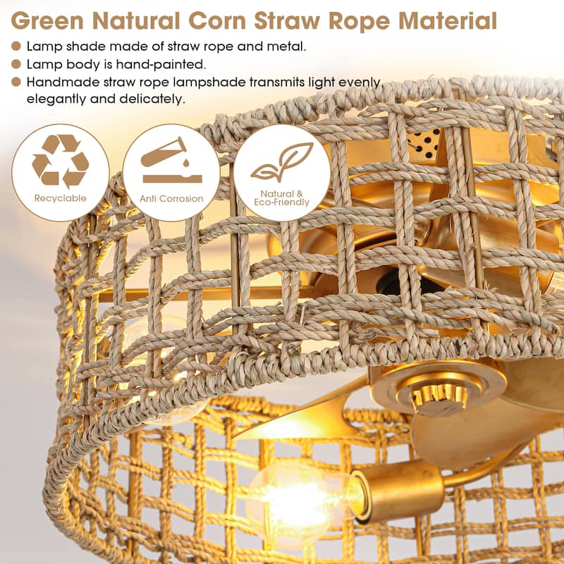 17.7" Natural Corn Straw Rope Gold Fandelier Flush Mount Ceiling Fan with Remote and App