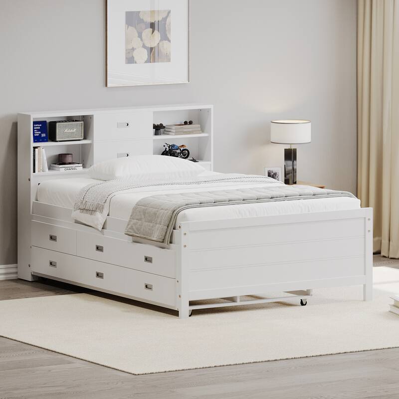 Full/Twin Size Captain Bed with Storage Bookcase Headboard,Captain bed with Trundle and Three Storage Drawer