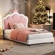 preview thumbnail 1 of 9, Twin Size Upholstered Princess Bed with Crown Headboard, Platform Bed with Headboard and Footboard, White+Pink
