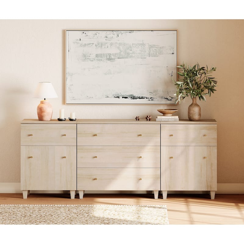 Wood Dresser with 5 Drawers and 2 Cabinets for Bedroom, 83" Wide - Light Oak