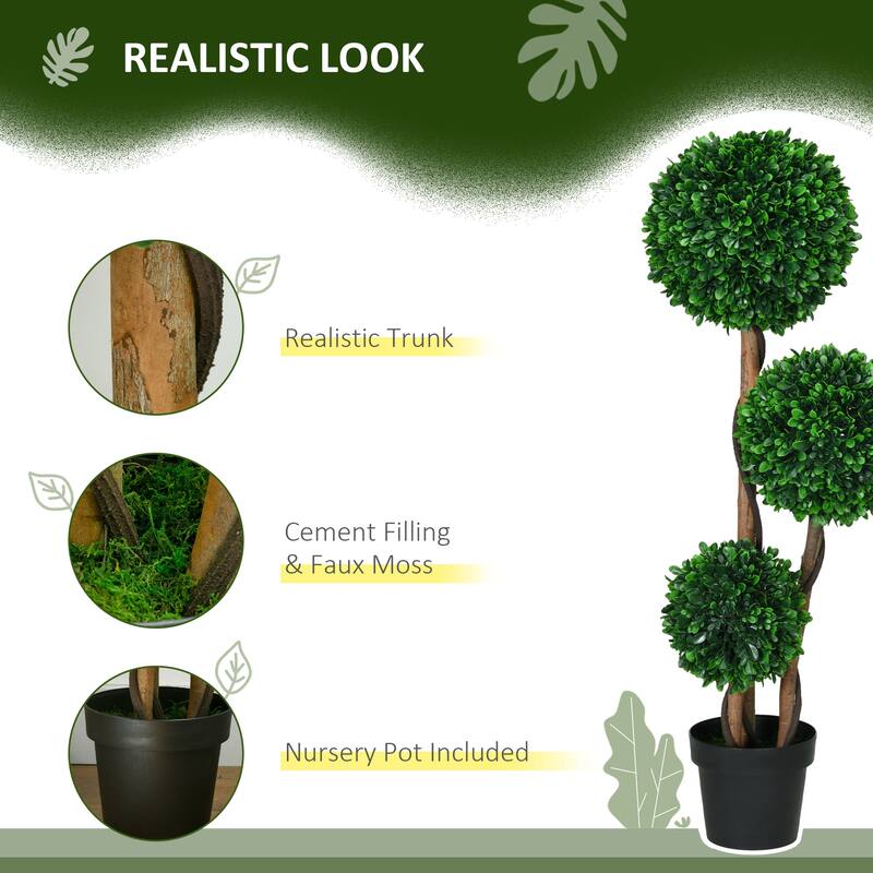 HOMCOM 3.5ft/43.25" Artificial 3 Ball Boxwood Topiary Tree with Pot, Indoor Outdoor Fake Plant for Home Office