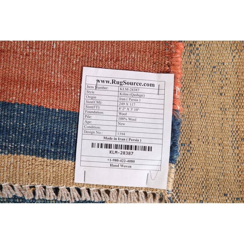 Blue Geometric Kilim Qashqai Persian Area Rug Flatweave Wool Carpet - 3'10" x 8'2"