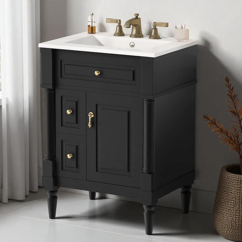 24" Freestanding Bathroom Vanity with Ceramic Sink, Solid Rubberwood Frame, Flip Drawer & Adjustable Shelf - Black
