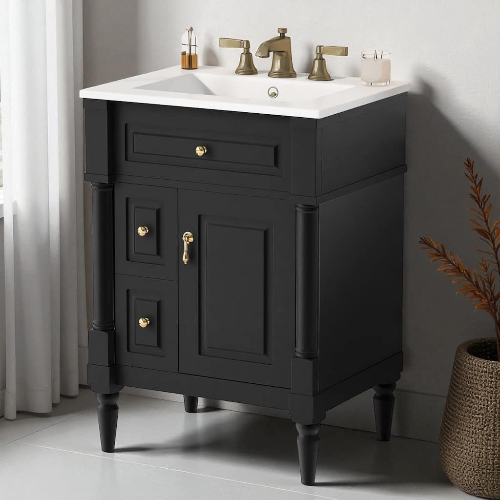 24" Freestanding Bathroom Vanity with Ceramic Sink, Solid Rubberwood Frame, Flip Drawer & Adjustable Shelf