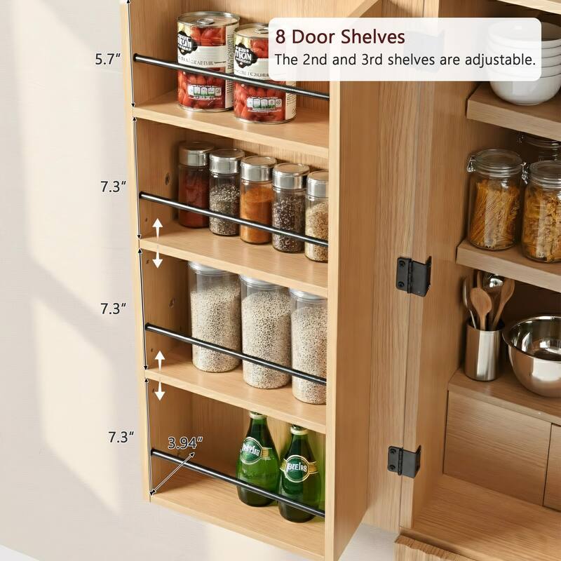 72" Tall Arched Pantry Cabinet with Fluted Doors, 8 Door Shelves, Hidden Drawer and Adjustable Shelves for Kitchen