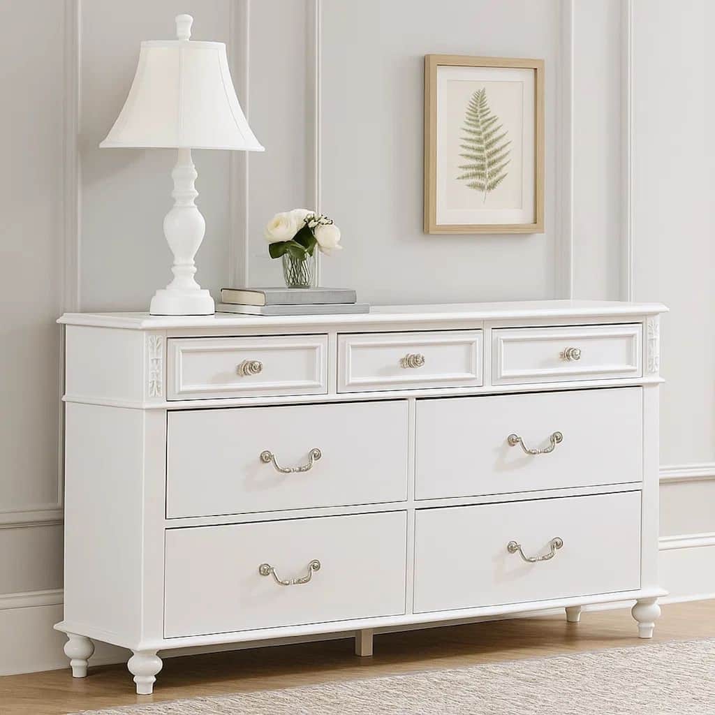 Dresser with 7 Drawers and Crystal Knobs, White