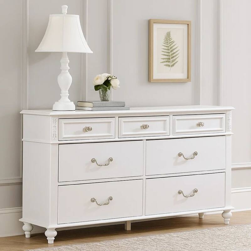Dresser with 7 Drawers and Crystal Knobs, White
