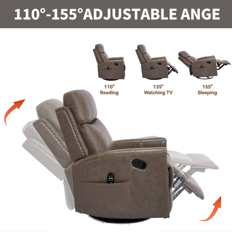 One Piece Genuine Leather Recliner Chair with Massage Heat Rocker and Swivel