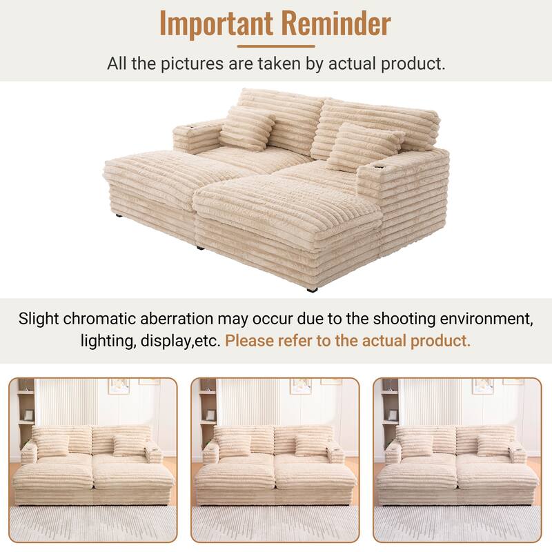 Oversized Double Chaise Lounge Sofa, Living Room 2 Seater Sofa Upholstered Sleeper Sofa Bed Daybed with USB Ports & Cup Holders