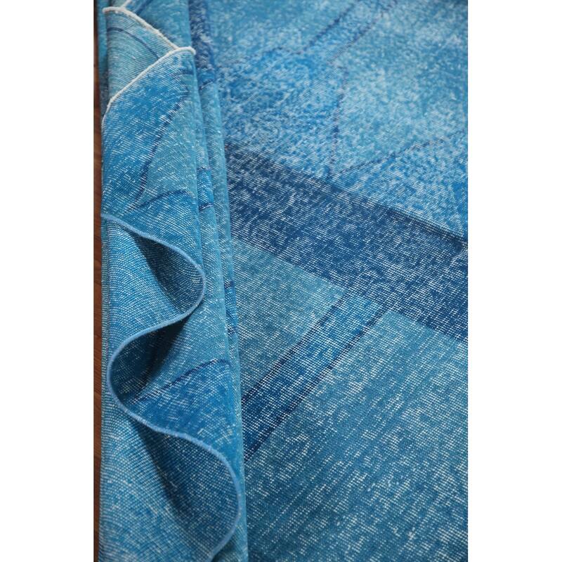 Over-Dyed Blue Anatolian Distressed Vintage Rug Handmade Wool Carpet - 7'10" x 14'0"