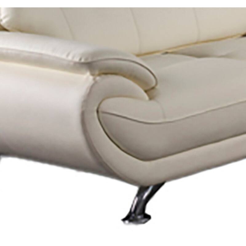 Olaf 69 Inch Loveseat, Tufted Ivory Faux Leather, Chrome Metal, Wood