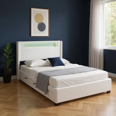HomeRoots White Tufted Boucle Lighted Full Bed Frame With Trundle And USB And Drawers