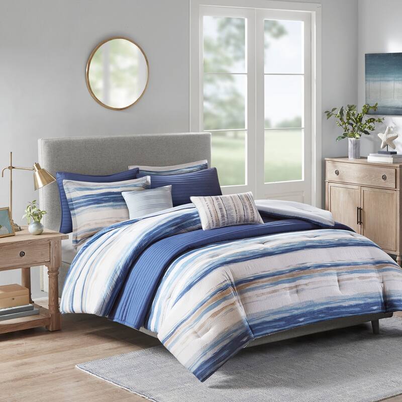8 Piece Printed Seersucker Comforter and Quilt Set Collection Blue Full/Queen - Blue