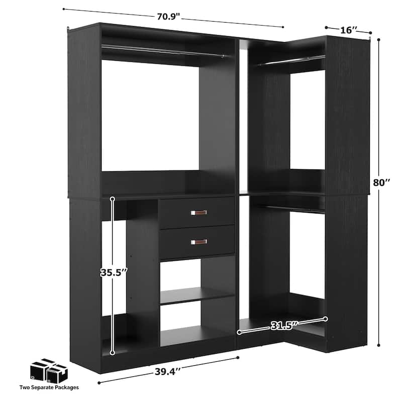 Vryon Set of 2 Corner Closet Organizer, 70.9'' W Closet System with Drawers and Hanging Rods