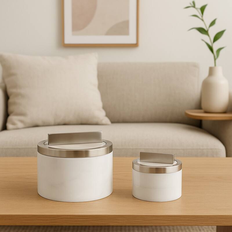 Elegant Round Decorative Box with Metal Lid - Set of 2, 7", 5", White - 7.0" - White - 7.0"