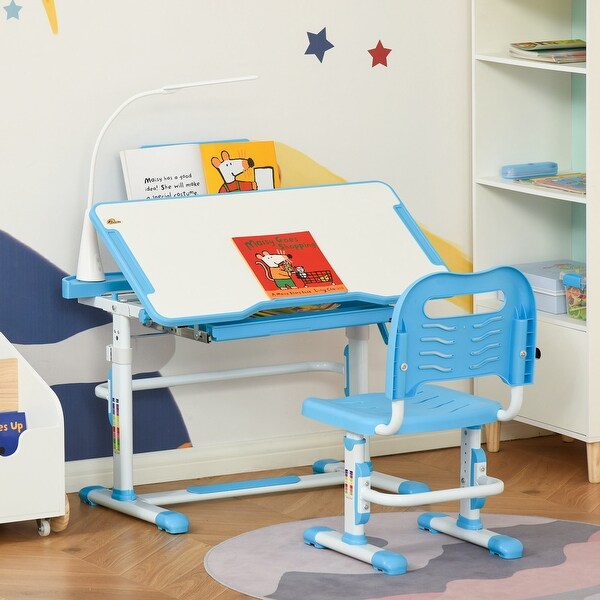 Qaba Kids Desk and Chair Set Height Adjustable Children School Study Table Student Writing Desk with Tilt Desktop LED Lamp On Sale Bed Bath Beyond 34679014