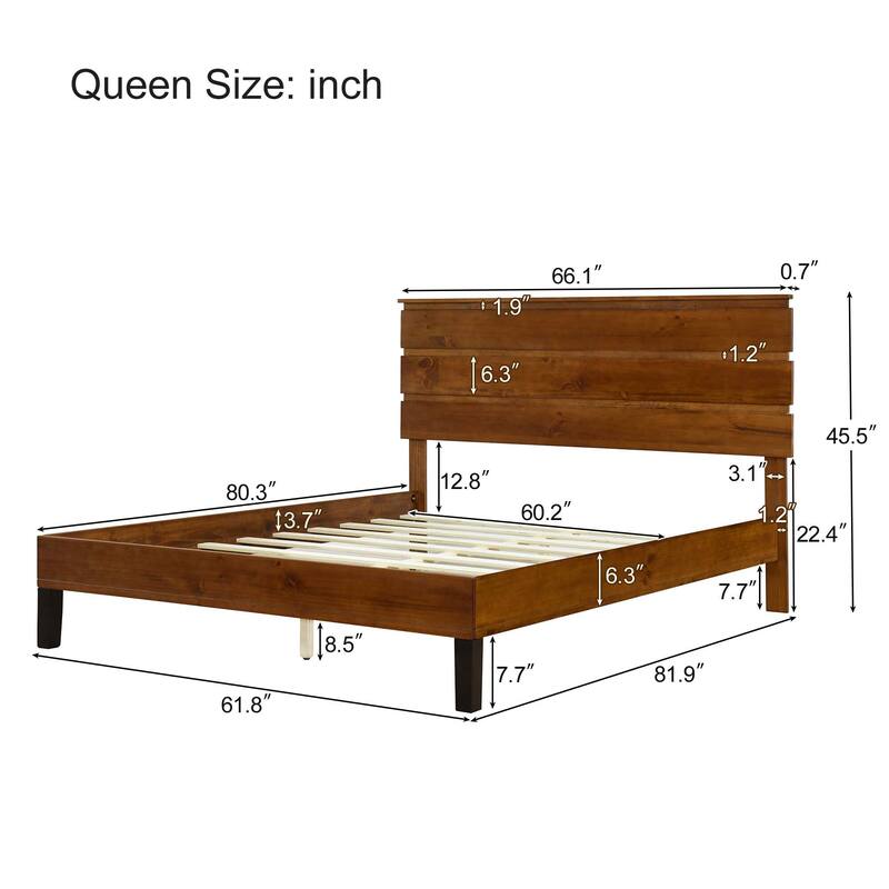 Brown Solid Wood Frame Platform Bed with Three-Piece Headboard Design