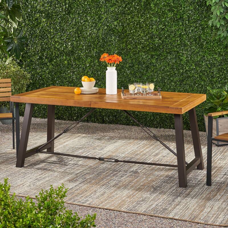 Acacia Wood Dining Table Powder Coated Metal Base Modern Industrial Outdoor