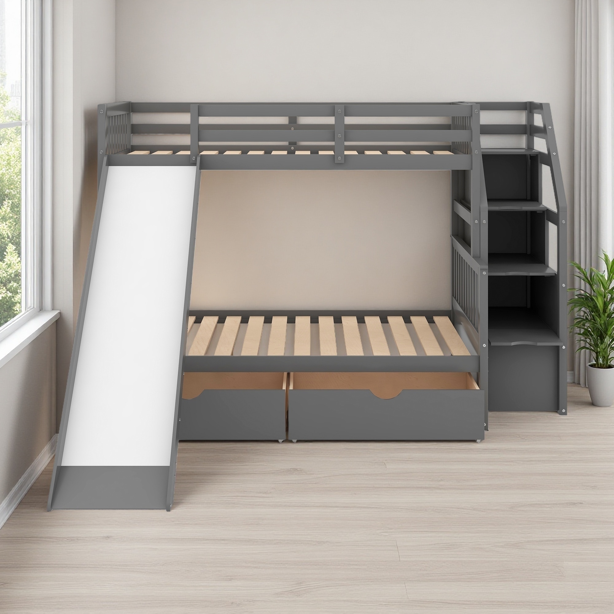 Twin over Full Wood Bunk Bed with Drawers, Storage Grids & Slide