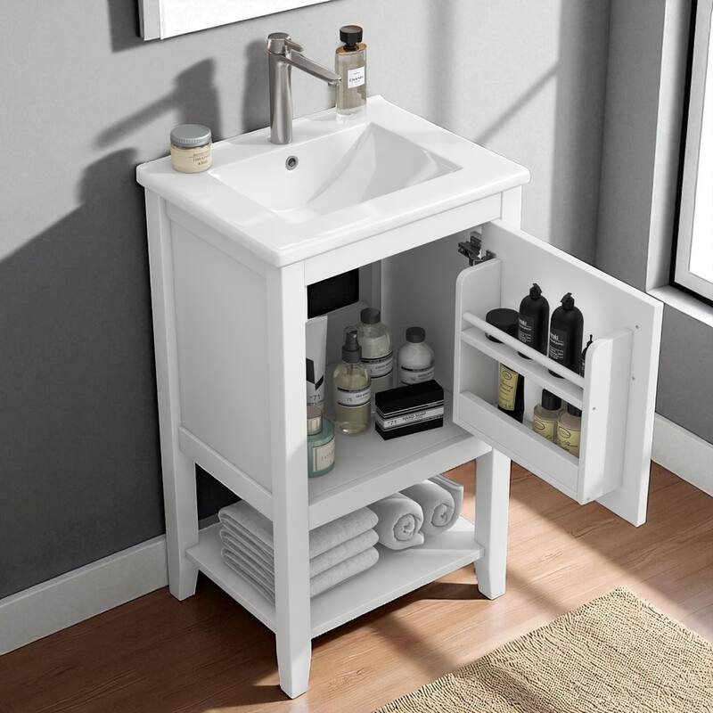 20" Bathroom Vanity with Ceramic Sink, Soft Closing Door, Storage Rack & Open Shelf for Small Bathrooms