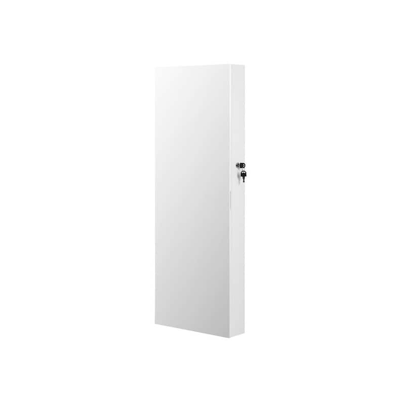 Mirror Jewelry Cabinet Armoire, Lockable Wall-Mounted Storage Organizer Unit with 2 Plastic Cosmetic Storage Trays - White