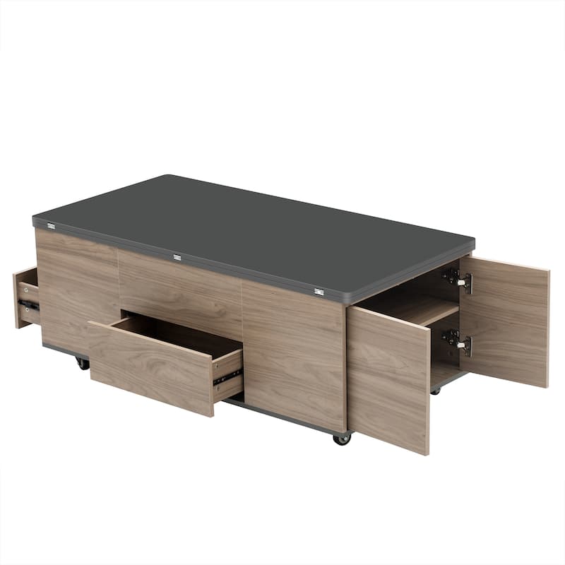 Modern Lift Top Coffee Table with 3 Drawers and Lockable Universal Wheels