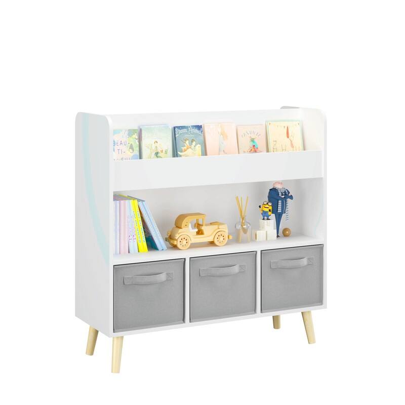 Kids Bookshelf with 3 Fabric Bins - Modern Toddler Bookcase and Toy Storage Organizer
