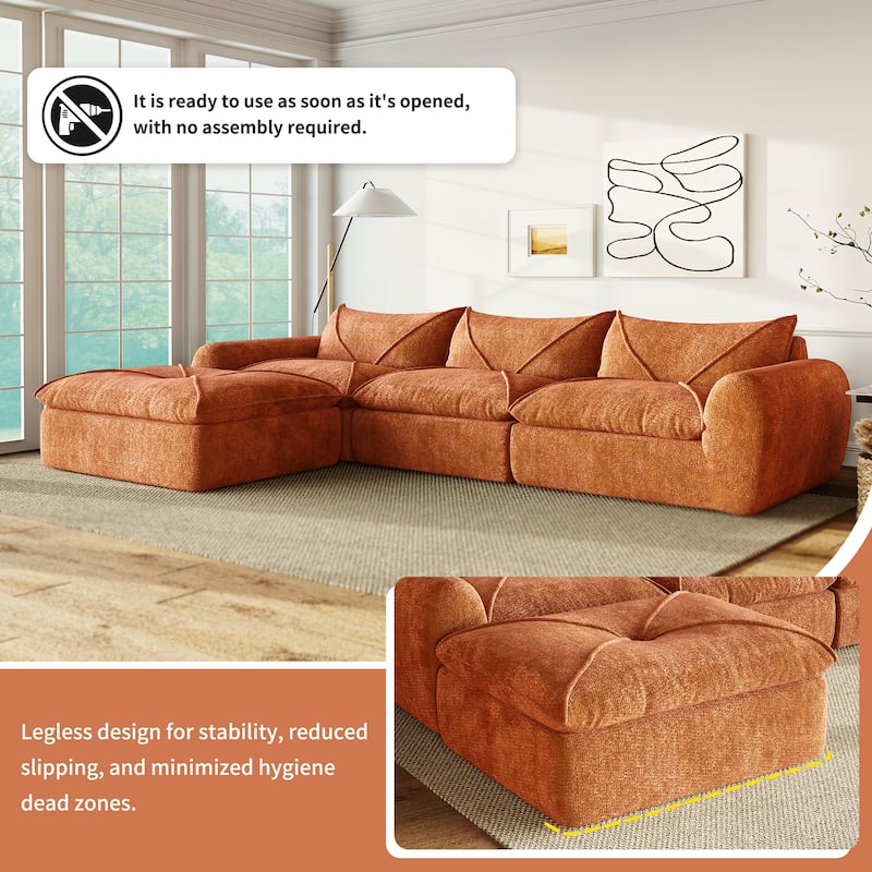 Roomfitters 116'' Fully Compressed Sofa, High Density Foam, Legless Modular Design, No Assembly, Chenille, Orange
