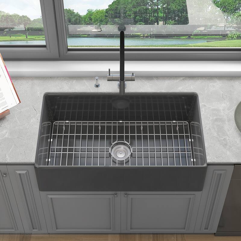 Sinber Farmhouse Apron Single Bowl Kitchen Sink with Fireclay White Finish