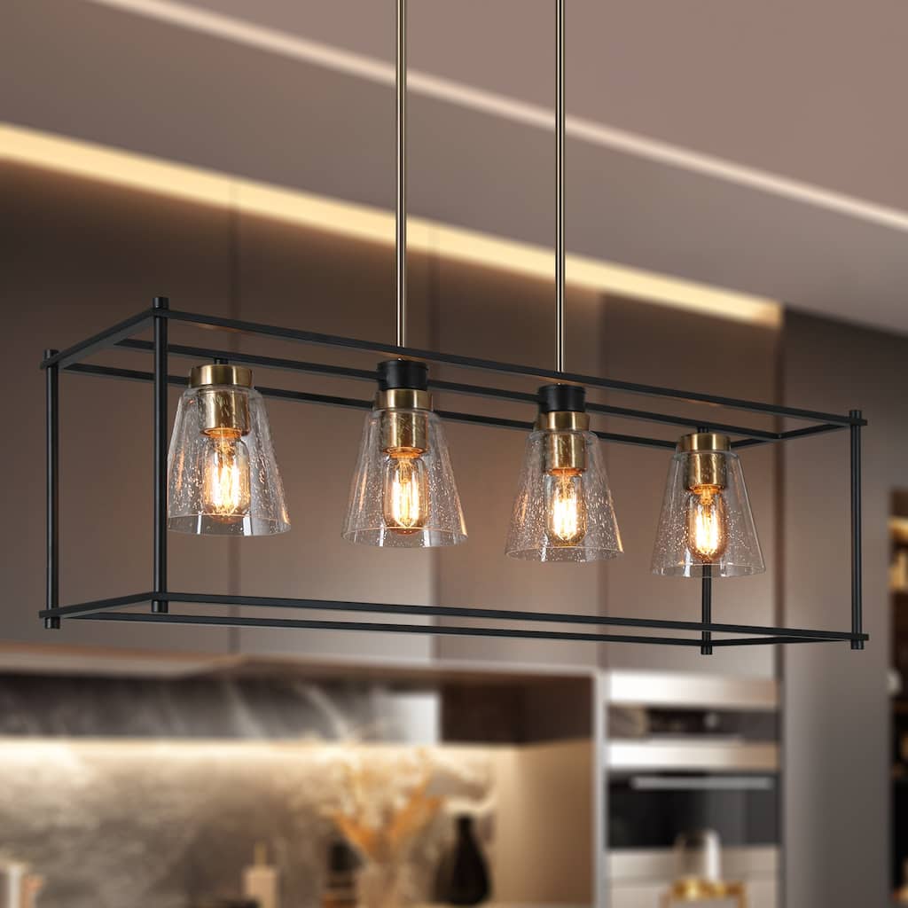 Torin Modern Farmhouse 4-Light Black Gold Rectangle Chandelier Glass Island Pendant Lights for Dining Room