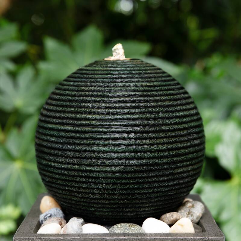 Glitzhome Modern Geometric Oversized Pedestal Sphere Polyresin Outdoor Floor Fountain with Pebbles