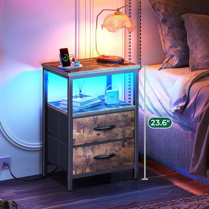 2 Drawer Night stand with Charger Station and LED Lights