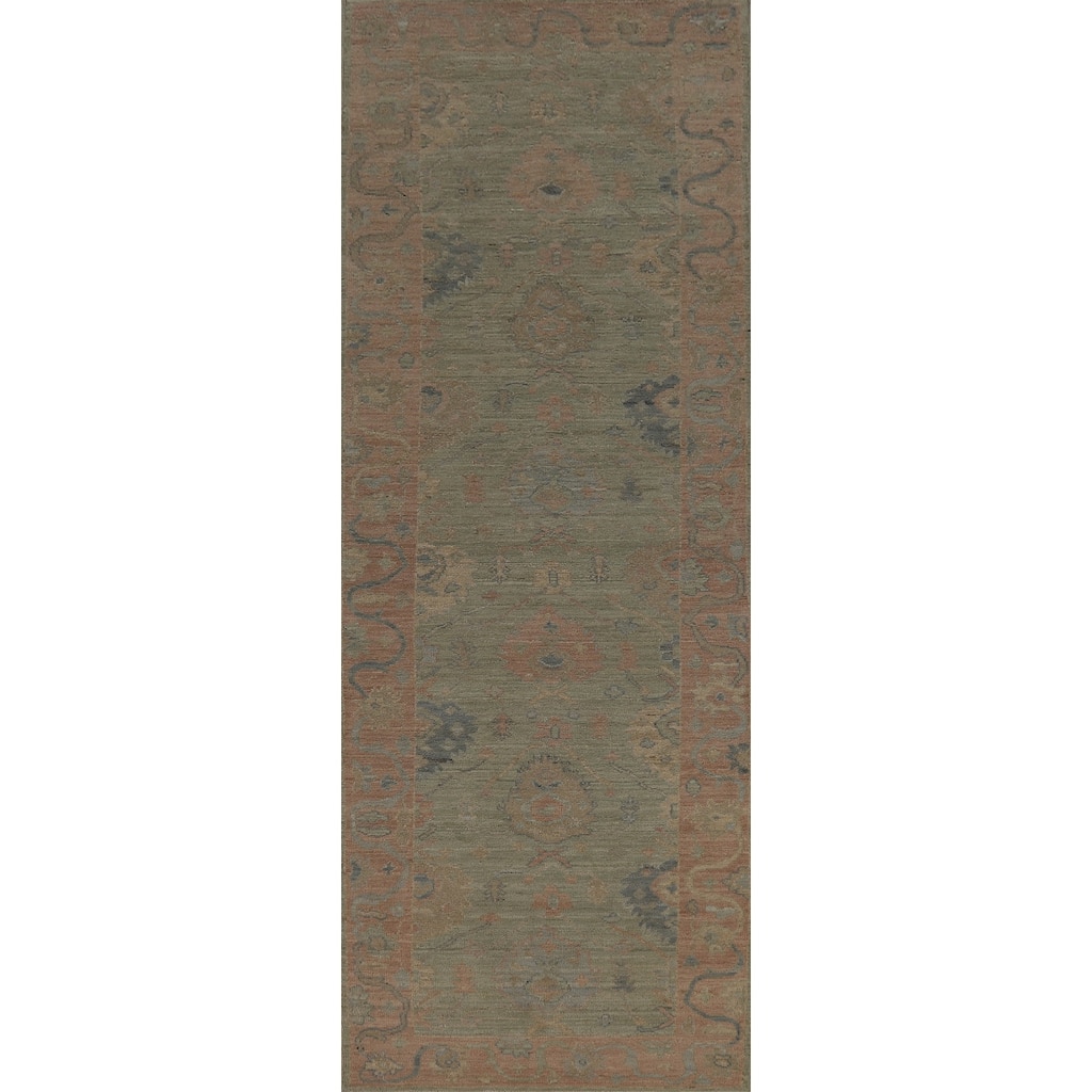 Vegetable Dye Green Oushak Turkish Runner Rug Handmade Wool Carpet - 3'2" x 12'0"