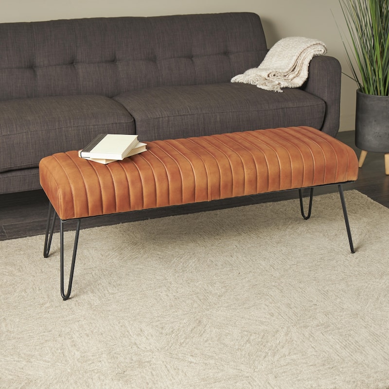 Leather Upholstered Home Bench with Linear Tufted Panels and Black Metal Hairpin Legs - Brown or Dark Brown - Roche River Decor