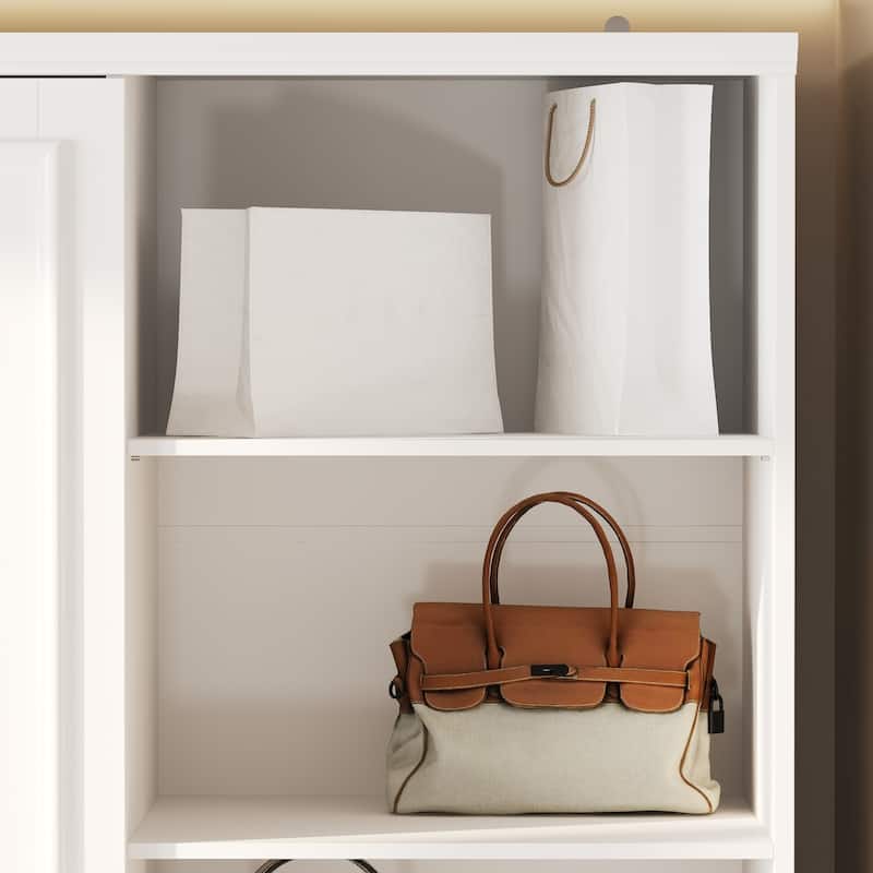 White Wardrobe Closet with Adjustable Shelves Solid Wood Frame Storage Cabinet for Home Organization