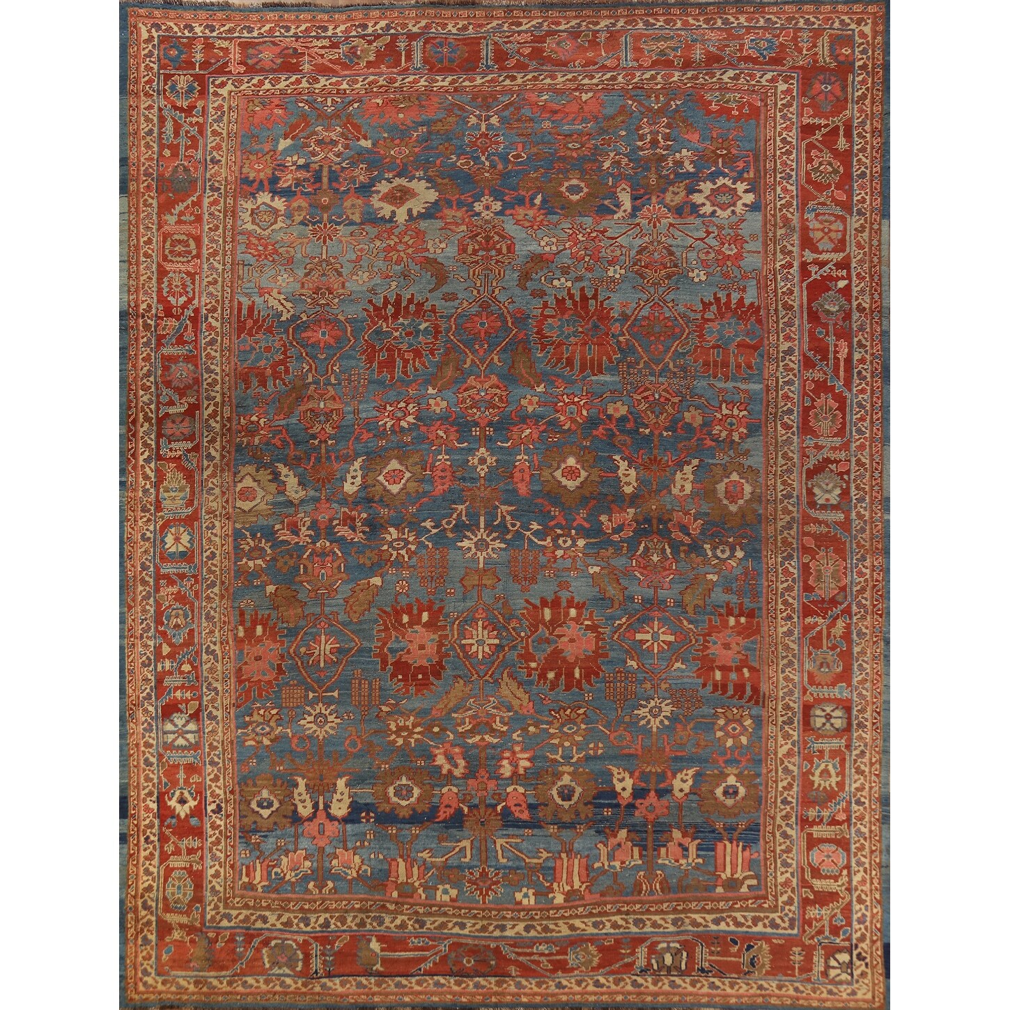 Hand Knotted Oriental 100% Wool Carpet Traditional Floral Navy Blue & Blues Heriz Area Rug - 10' 9'' X 9' 3''