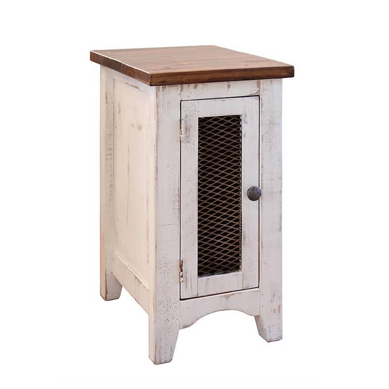 26 Inch Chairside Table with Mesh Door Pine Wood White and Brown - Brown, White - Wood