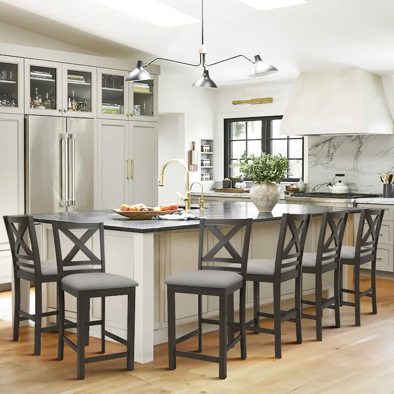 Set of 2 Counter Bar Stools - Upholstered w/Comfort Cross Back & Solid Wood Legs for Kitchen Island