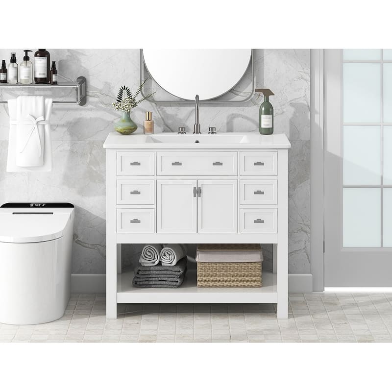 Roomfitters 36" Vanity with Sink, Modern Bathroom Cabinet with 2 Doors and 6 Drawers, Freestanding Storage Design