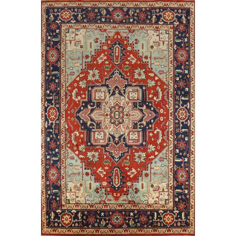Medallion Heriz Serapi Large Rug Hand-Knotted Orange Wool Carpet - 9'9" x 13'8"